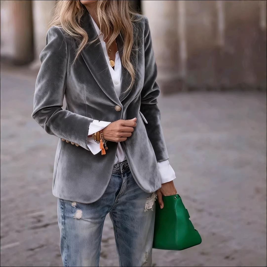 Novità Primavera 2026: Blazer elegante slim-fit in velluto, stile europeo e americano._voghion.com