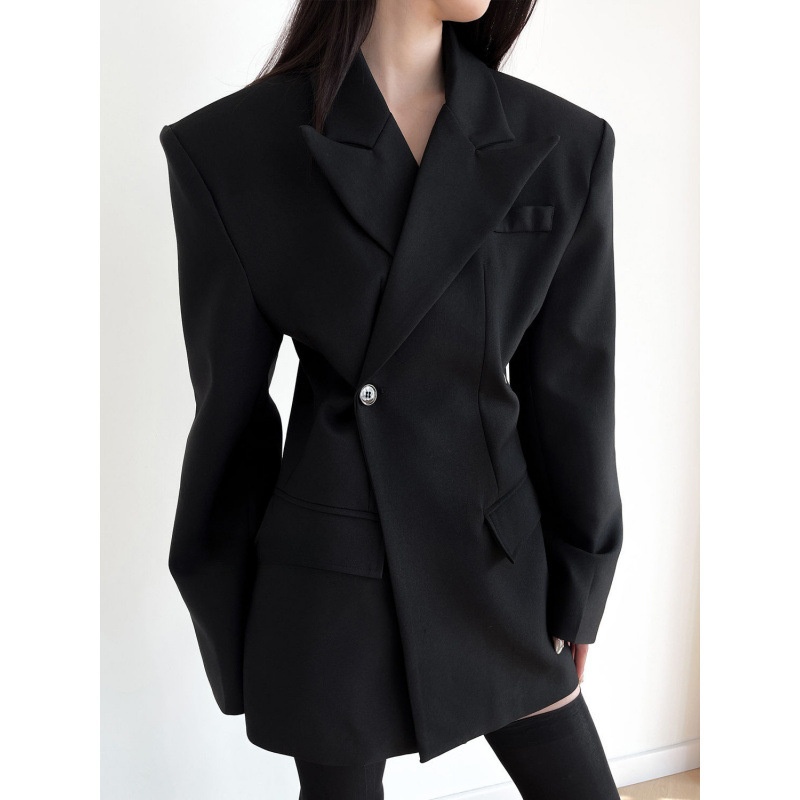 Cross-border Damenblazer Frühjahr/Herbst 2025, schwarz, schmal geschnitten – eleganter, mittellanger Anzug im reifen Stil._voghion.com