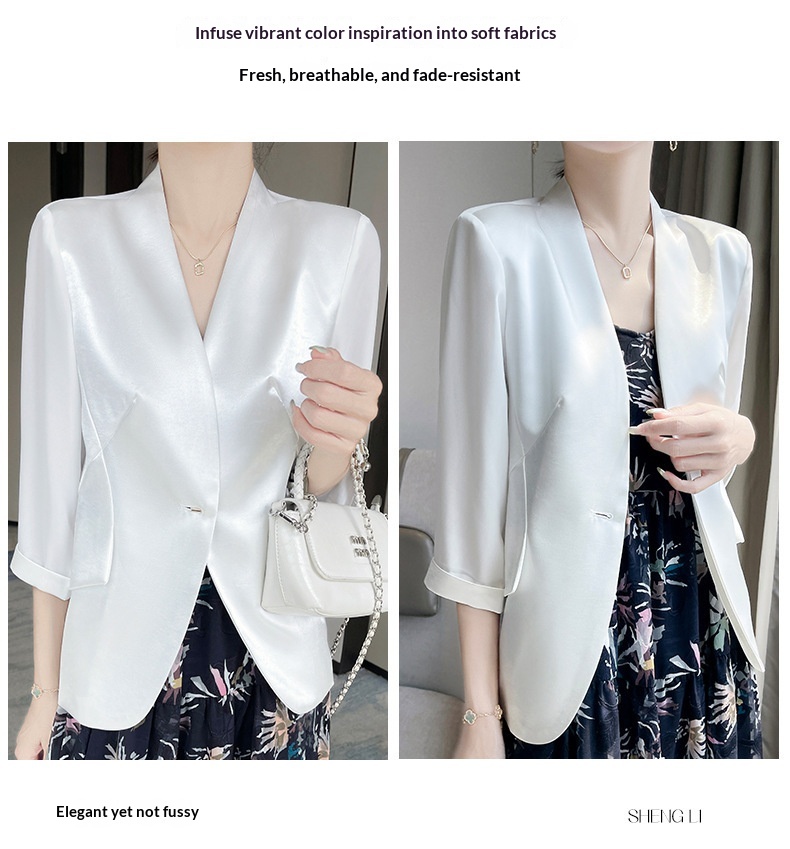 Elegant Women’s White Blazer Collarless Satin Professional Style_voghion.com