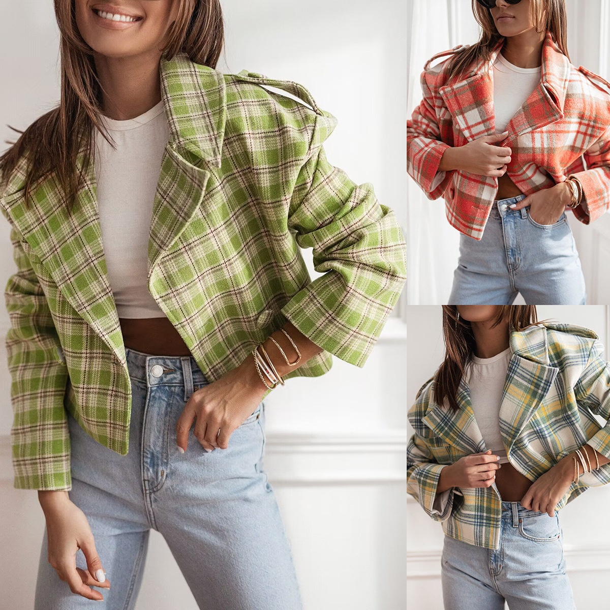 Women's British Style Plaid Woolen Blazer With Suit Collar_voghion.com