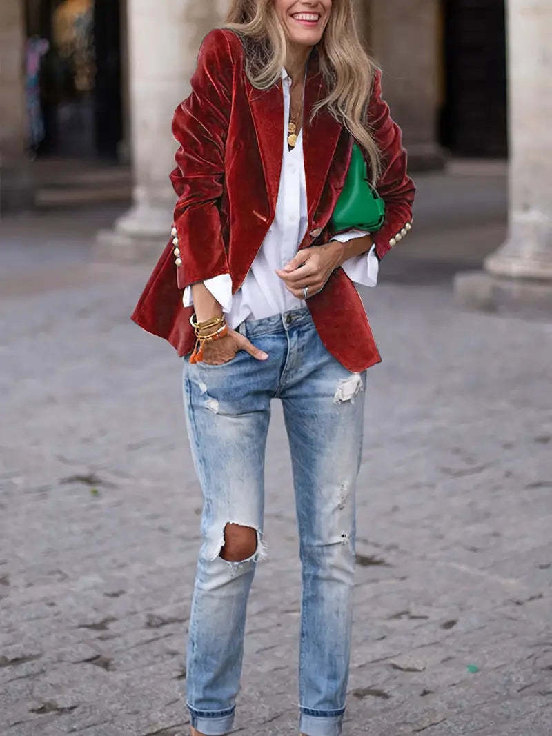 Blazer femme en velours coupe cintrée style européen_voghion.com
