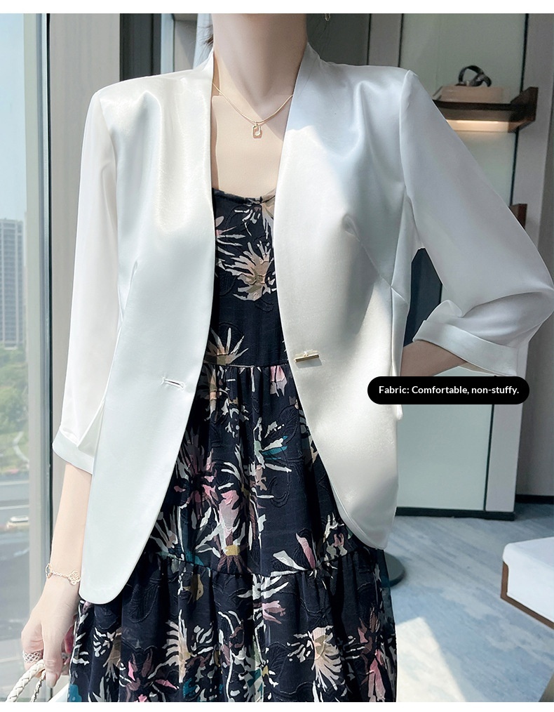 Elegant Women’s White Blazer Collarless Satin Professional Style_voghion.com