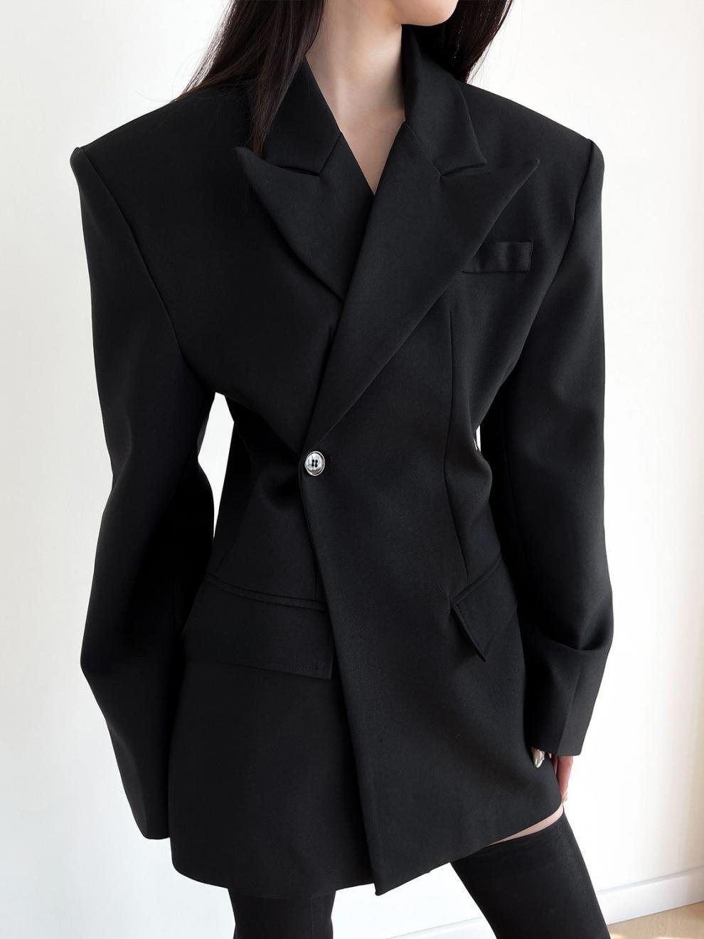 Eleganter Schwarzer Damen Blazer In Taillierter Midilänge_voghion.com