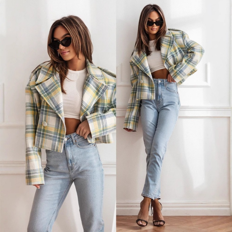 New Fashion British Style Plaid Woolen Jacket With Suit Collar_voghion.com