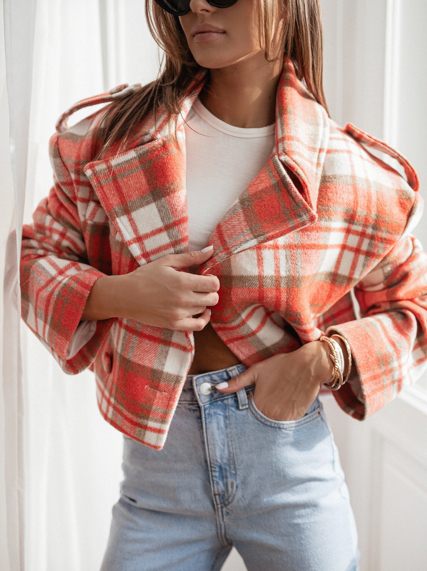 Women's British Style Plaid Woolen Blazer With Suit Collar_voghion.com