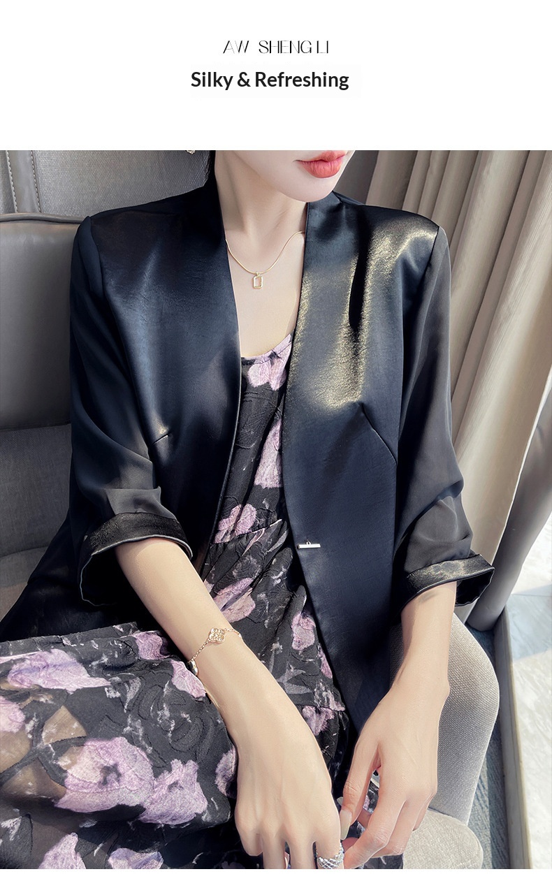 Elegant Women’s White Blazer Collarless Satin Professional Style_voghion.com