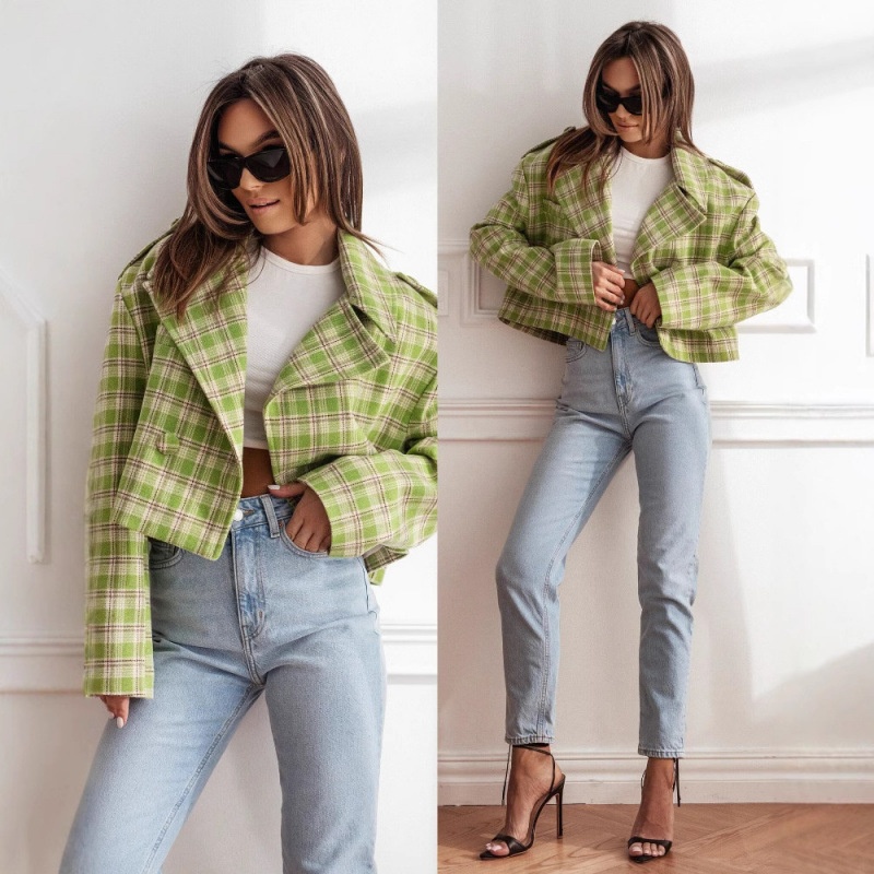 New Fashion British Style Plaid Woolen Jacket With Suit Collar_voghion.com