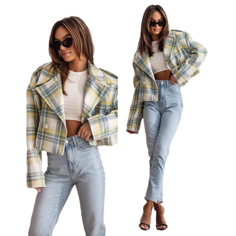 New Fashion British Style Plaid Woolen Jacket With Suit Collar_voghion.com