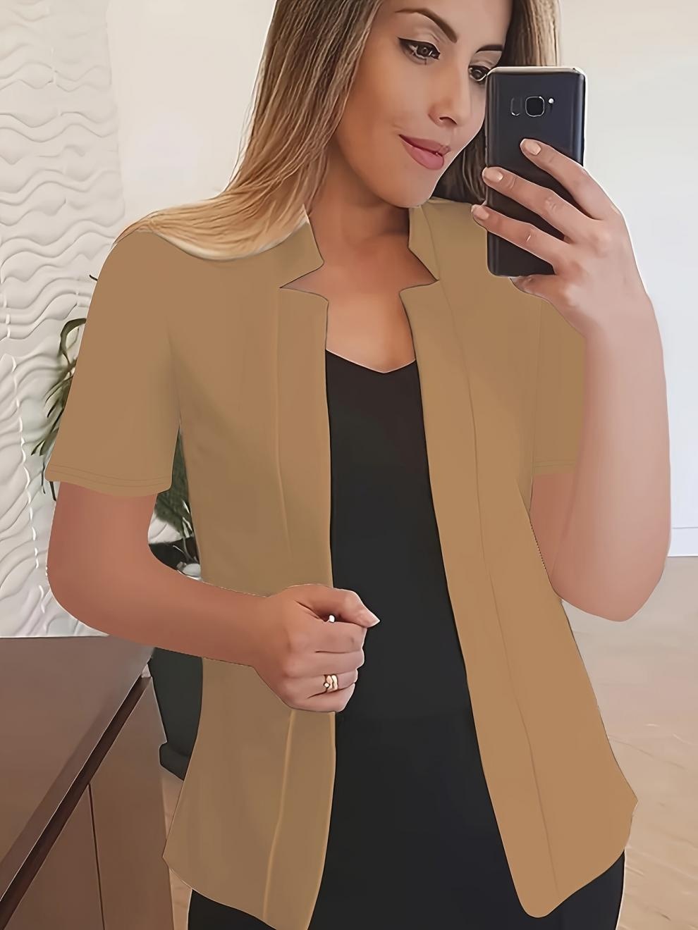 Blazer For Women Casual Open-front Jacket Short Sleeve Solid Colour_voghion.com