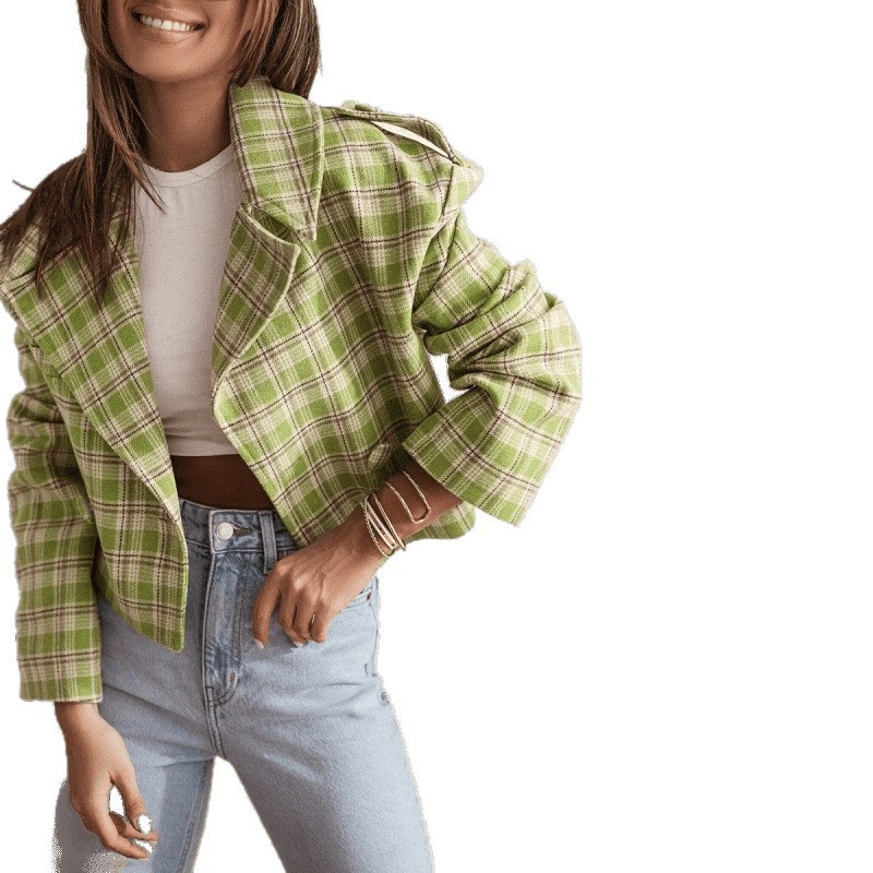 New Fashion British Style Plaid Woolen Jacket With Suit Collar_voghion.com