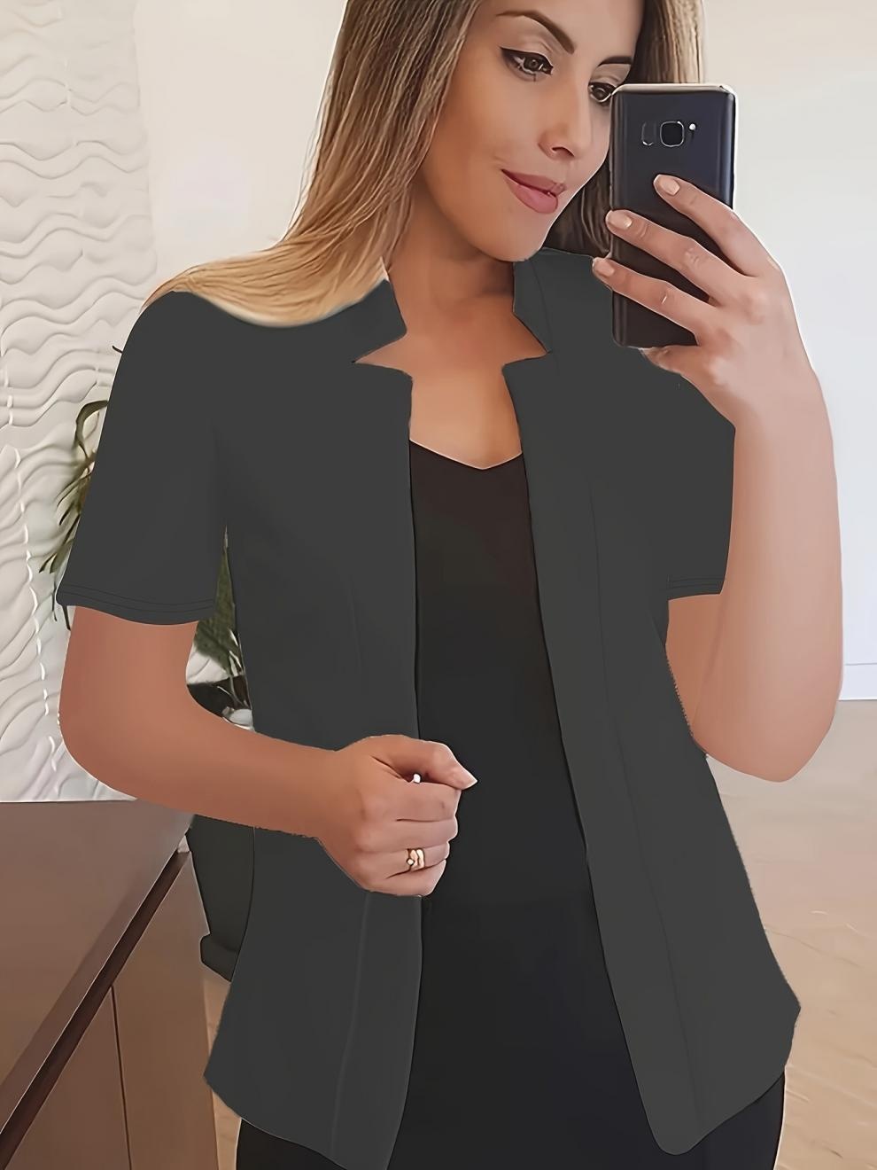 Blazer For Women Casual Open-front Jacket Short Sleeve Solid Colour_voghion.com