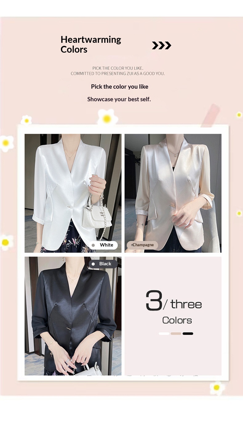Elegant Women’s White Blazer Collarless Satin Professional Style_voghion.com