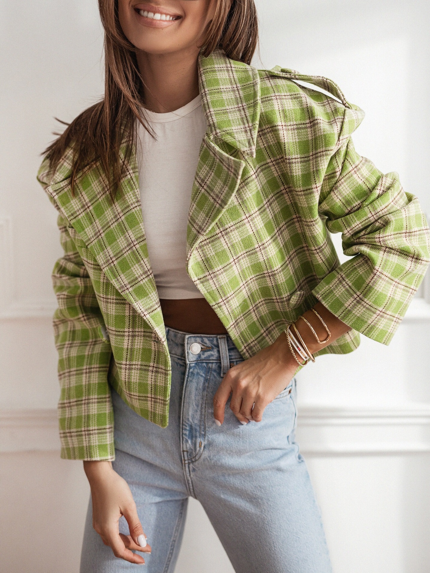 Women's British Style Plaid Woolen Blazer With Suit Collar_voghion.com