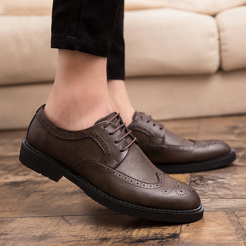 Cross-Border Men's Leather Large Size Spring New Low-Top Lace-Up Brogue Carved Casual Single European And American_voghion.com