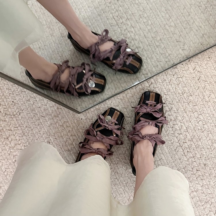 Dance Shoes Square-toed Bow-tie Ballet Shoes, 2025 Spring New Niche Fashion Soft-soled Bowling Shoes For Women_voghion.com
