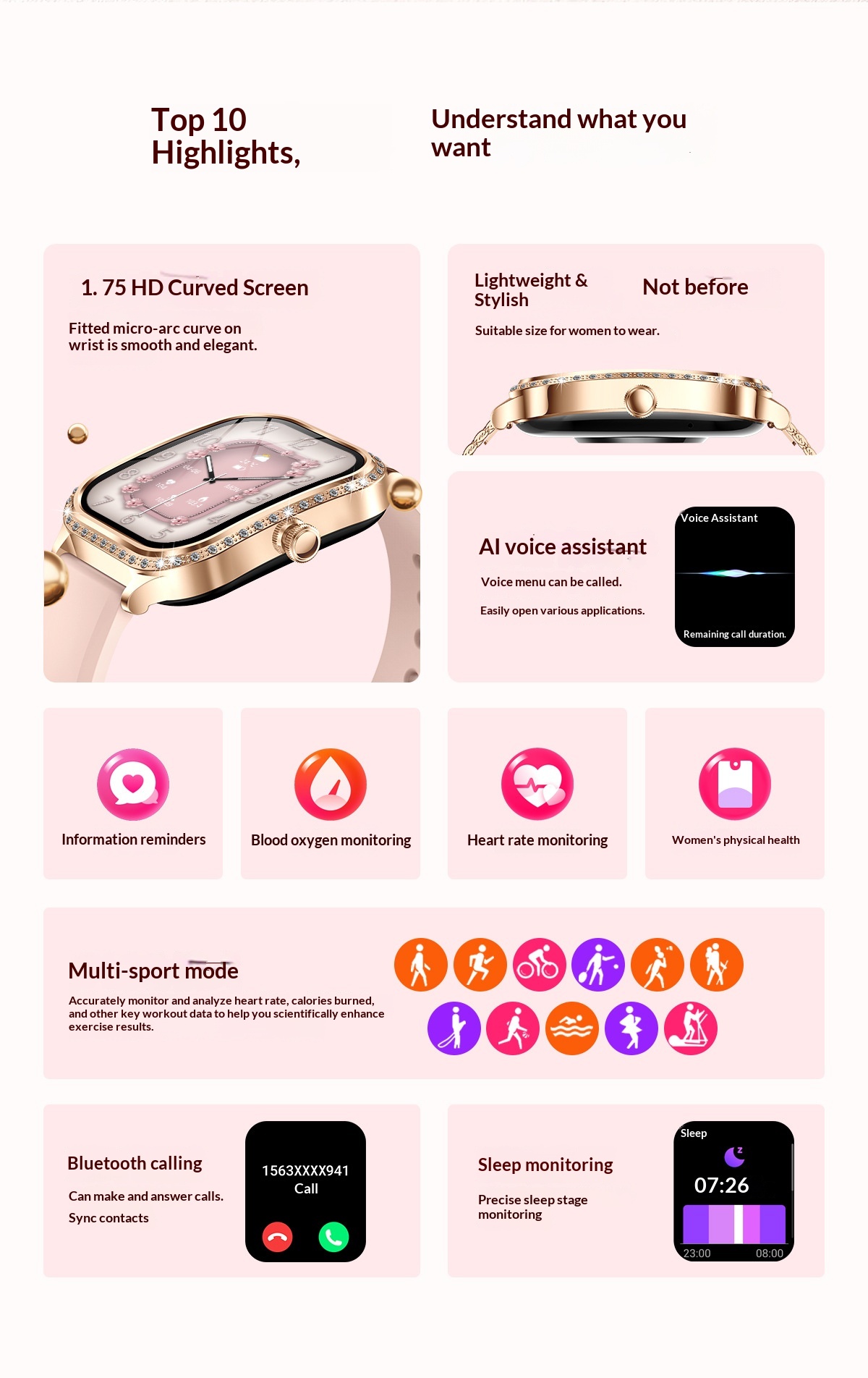 Smartwatch For Women With Bluetooth Calling And Health Tracking_voghion.com
