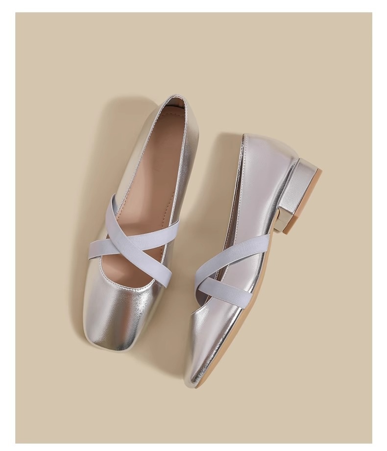 Silberne Mary Jane Ballettschuhe Für Damen Mit Eckiger Kappe_voghion.com