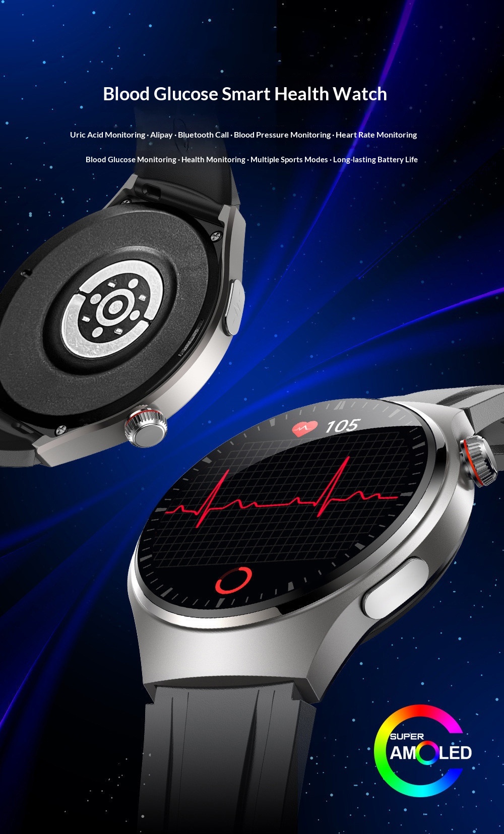 Smartwatch med blodsukkermåler blodtryk og bluetooth nfc_voghion.com