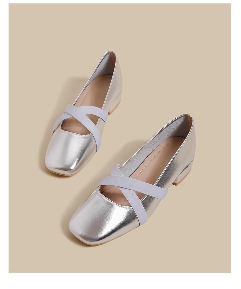 Silberne Mary Jane Ballettschuhe Für Damen Mit Eckiger Kappe_voghion.com