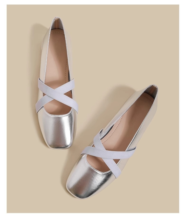 Silberne Mary Jane Ballettschuhe Für Damen Mit Eckiger Kappe_voghion.com