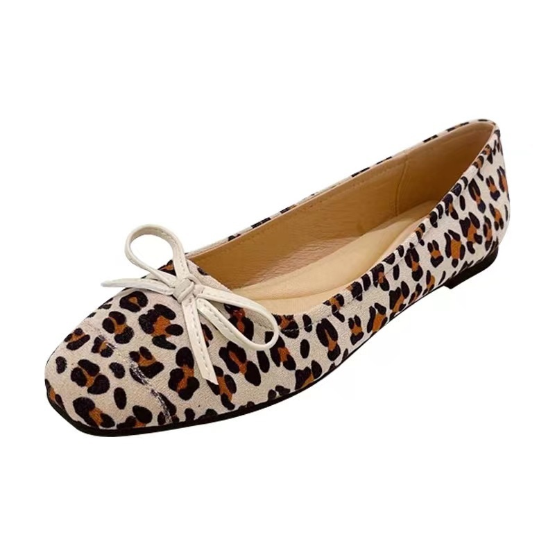 Sapatilhas de dança com laço, bico quadrado e estampa de leopardo, mocassins casuais de sola macia, sapatos versáteis de salto baixo para mulheres._voghion.com