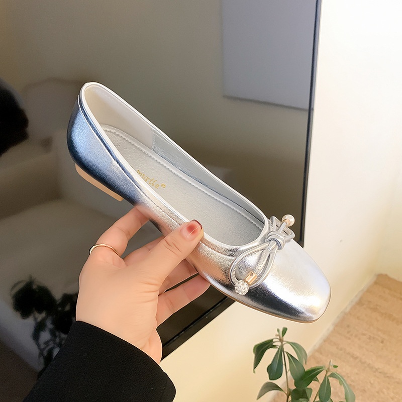 Dance Shoes Leather Version Of The Same Style, Frida Girl~Classic Square-toed, Bow-tied, Shallow-cut, Exquisite Pearl Ballet Leather_voghion.com