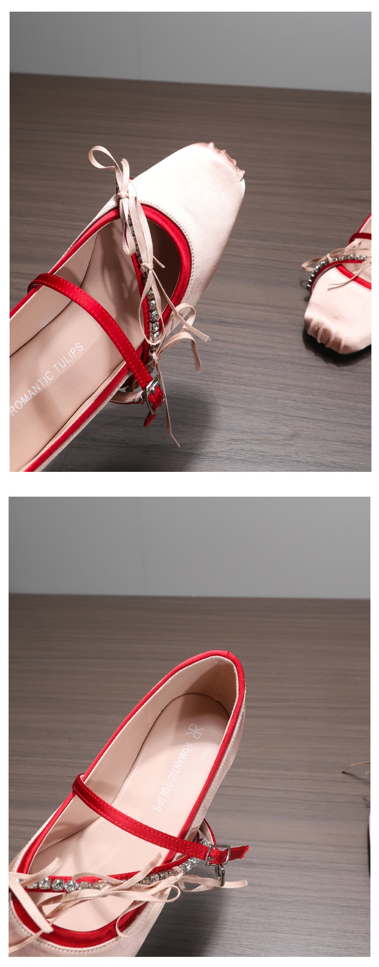 Retro satin dansballeriner med rosett och strass för kvinnor_voghion.com