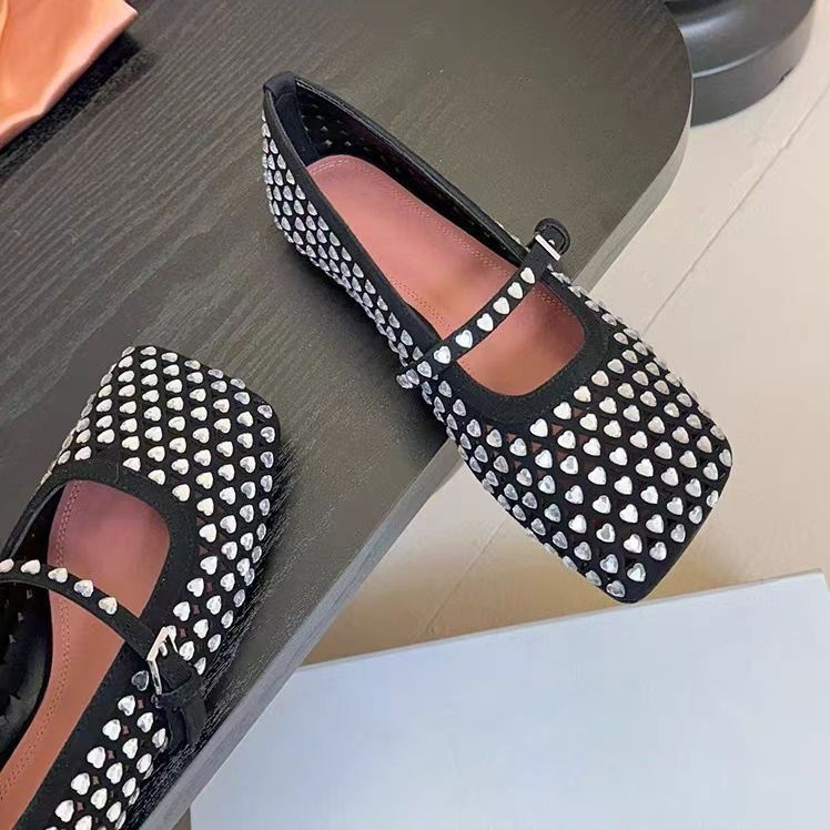 Dance Shoes 2025 New Square Toe Heart Full Diamond Mary Jane Women Genuine Leather Flat Strap Shallow Mouth Ballet Shoes_voghion.com