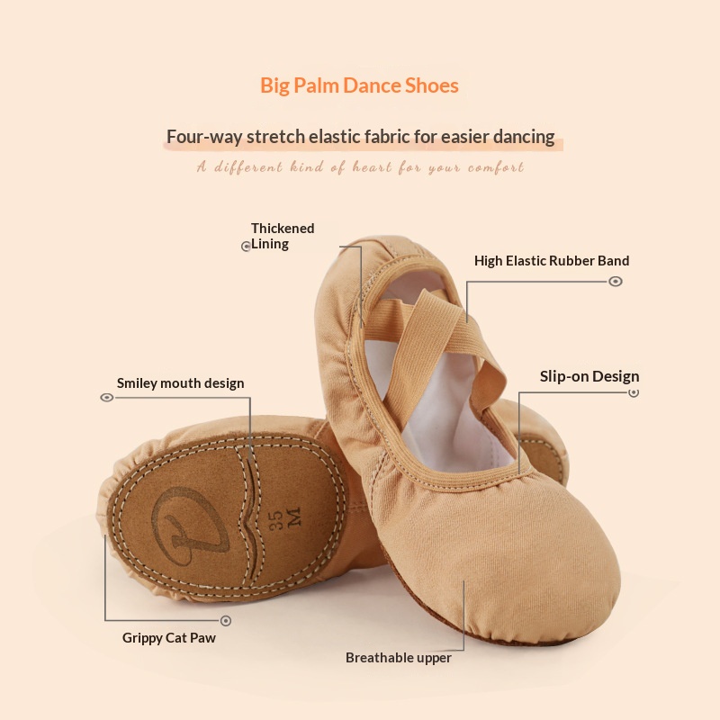 Ballettschuhe aus elastischem Stoff, Übungsschuhe für Erwachsene, weiche Sohle, Katzenkrallenprofil, kein Schnüren erforderlich, Kindertanzschuhe_voghion.com