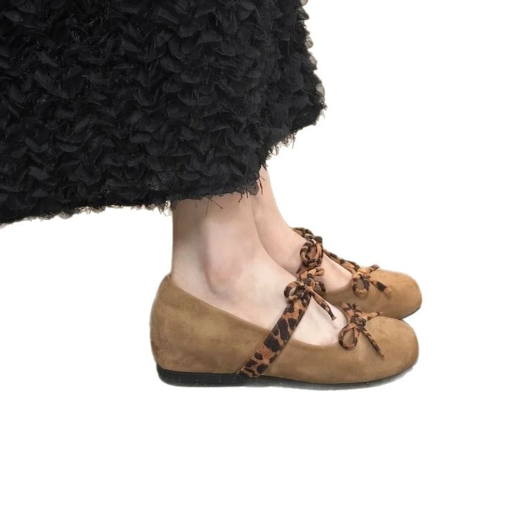 Chaussures de danse rétro françaises à talon compensé, bout rond, imprimé léopard, nœud, style Mary_voghion.com