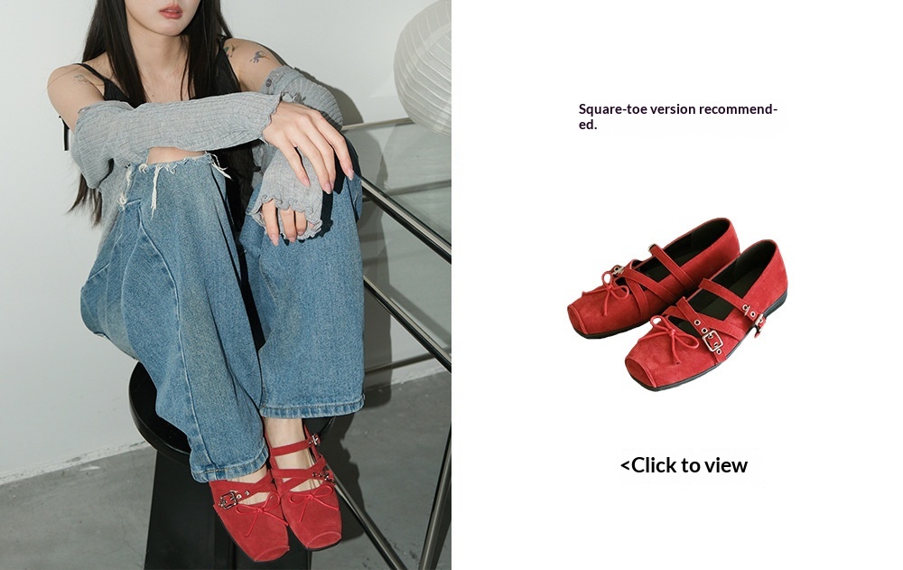 Dansskor dam äkta läder röd rosett retro platt ballerina_voghion.com