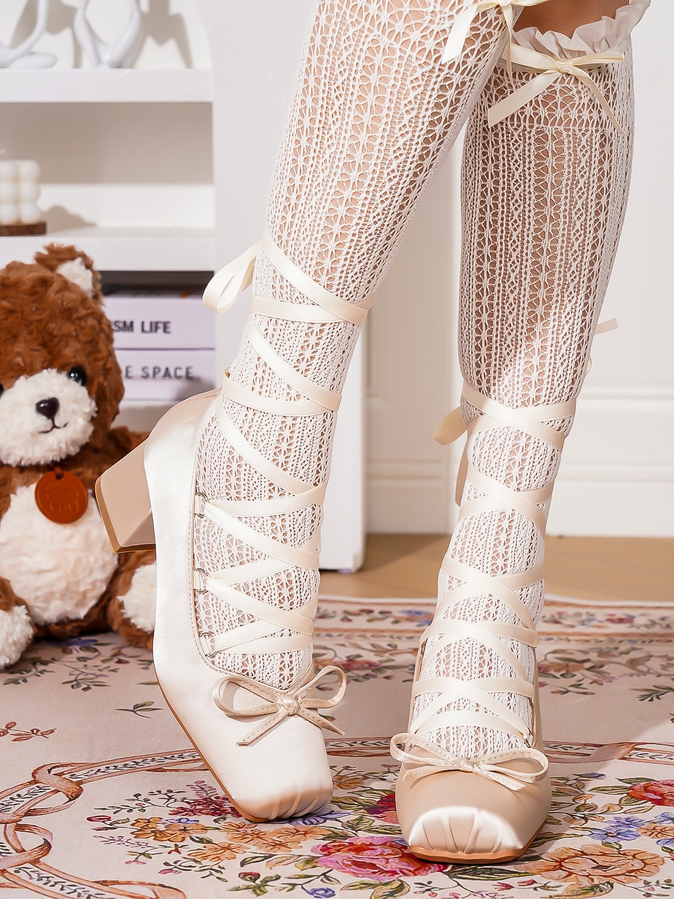 Chaussures de danse ballet rose bride croisée talon confortable_voghion.com