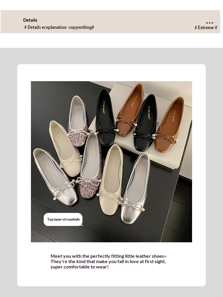 Classic Leather Ballet Dance Shoes With Pearl Bow And Square Toe_voghion.com