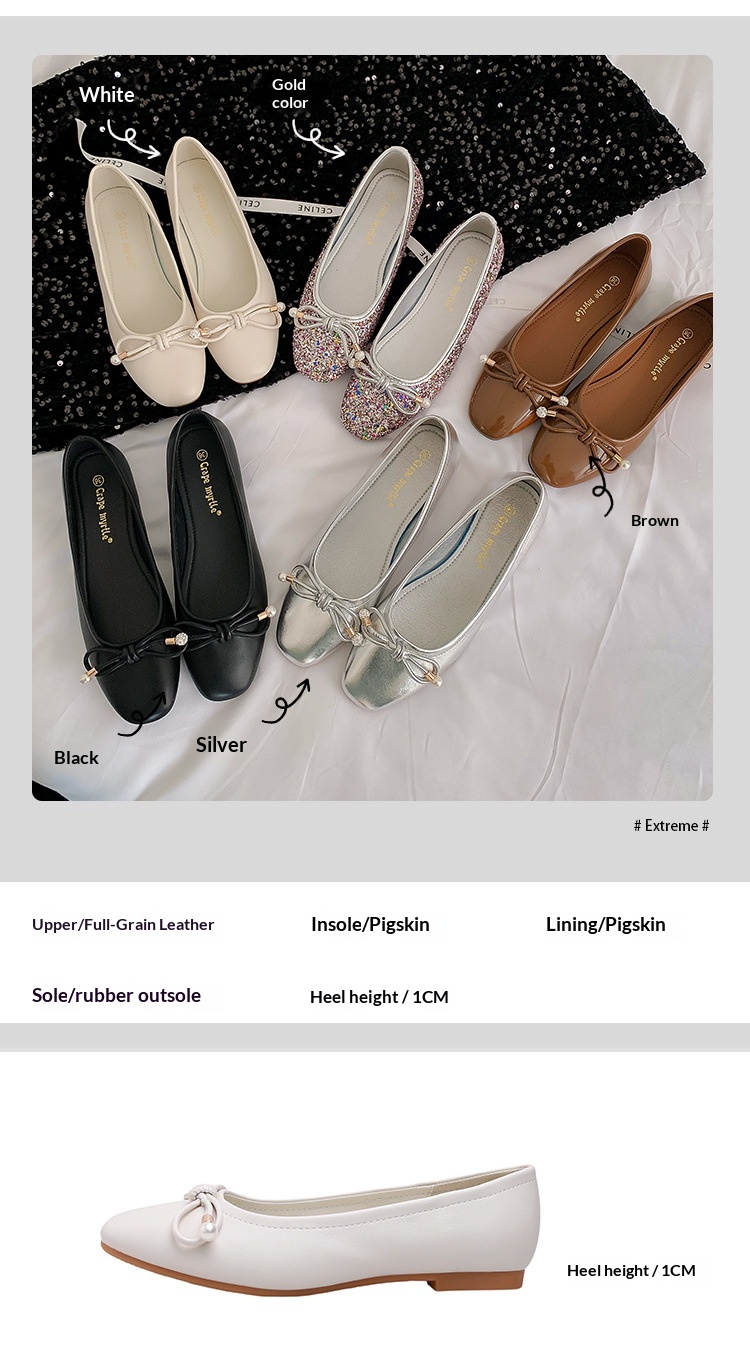 Classic Leather Ballet Dance Shoes With Pearl Bow And Square Toe_voghion.com