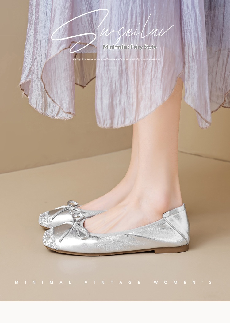 Sapatilhas de ballet para mulher prata estilo francês com laço_voghion.com