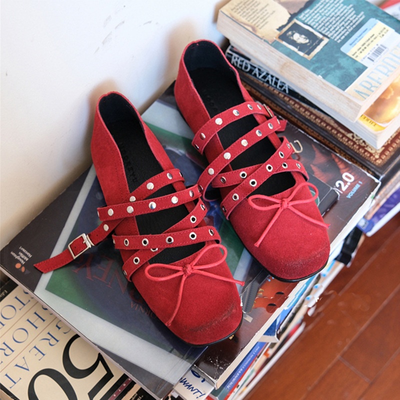 Dance Shoes Cowhide Version~Red Bowknot Women's Genuine Leather Retro Square-toed Shallow Rivet Strap Flat Ballet Shoes_voghion.com