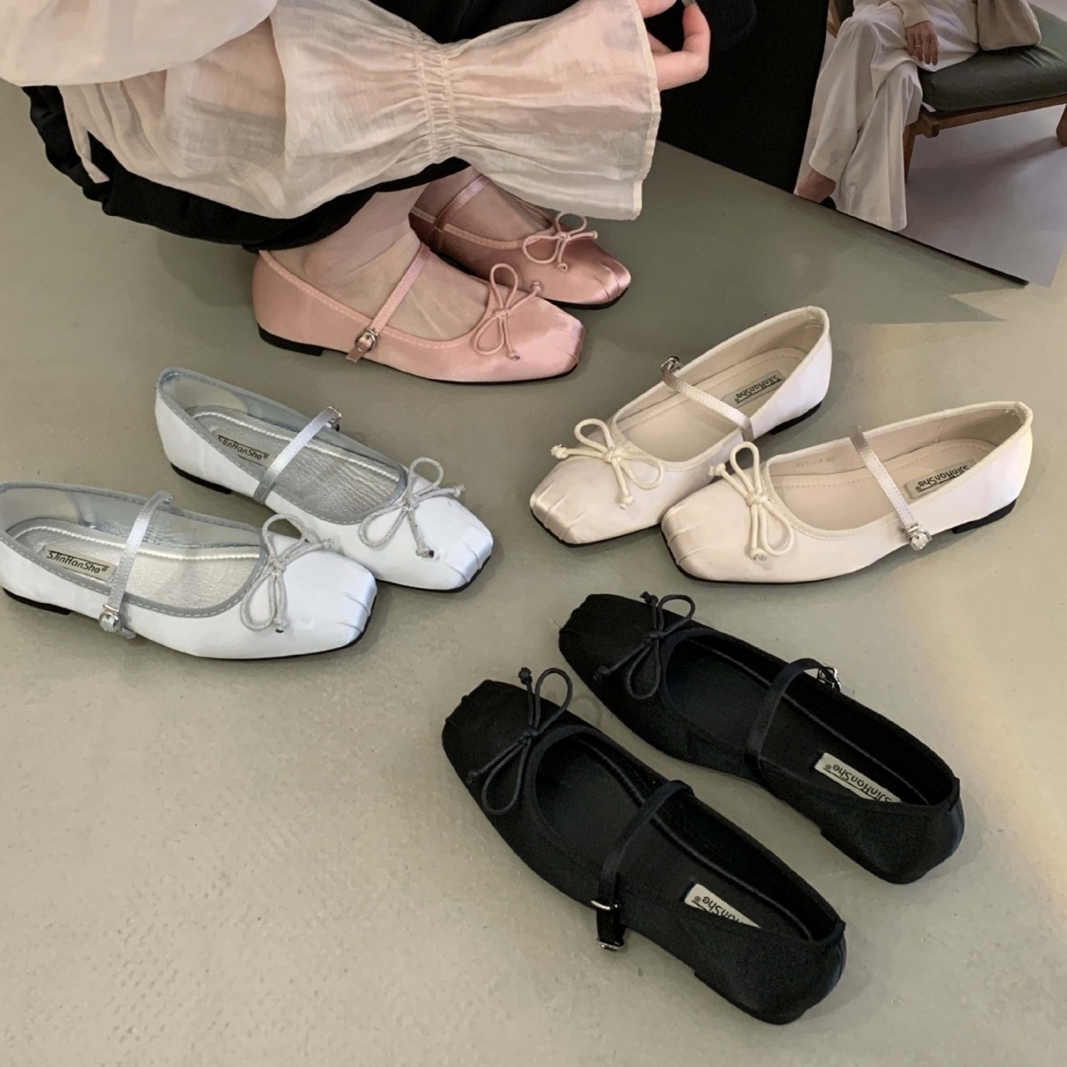 Dance Shoes French Flat With Dress Fairy Style Satin Square Toe Ballet Flats One Strap Simple Versatile Apricot Color Women's Shoes_voghion.com