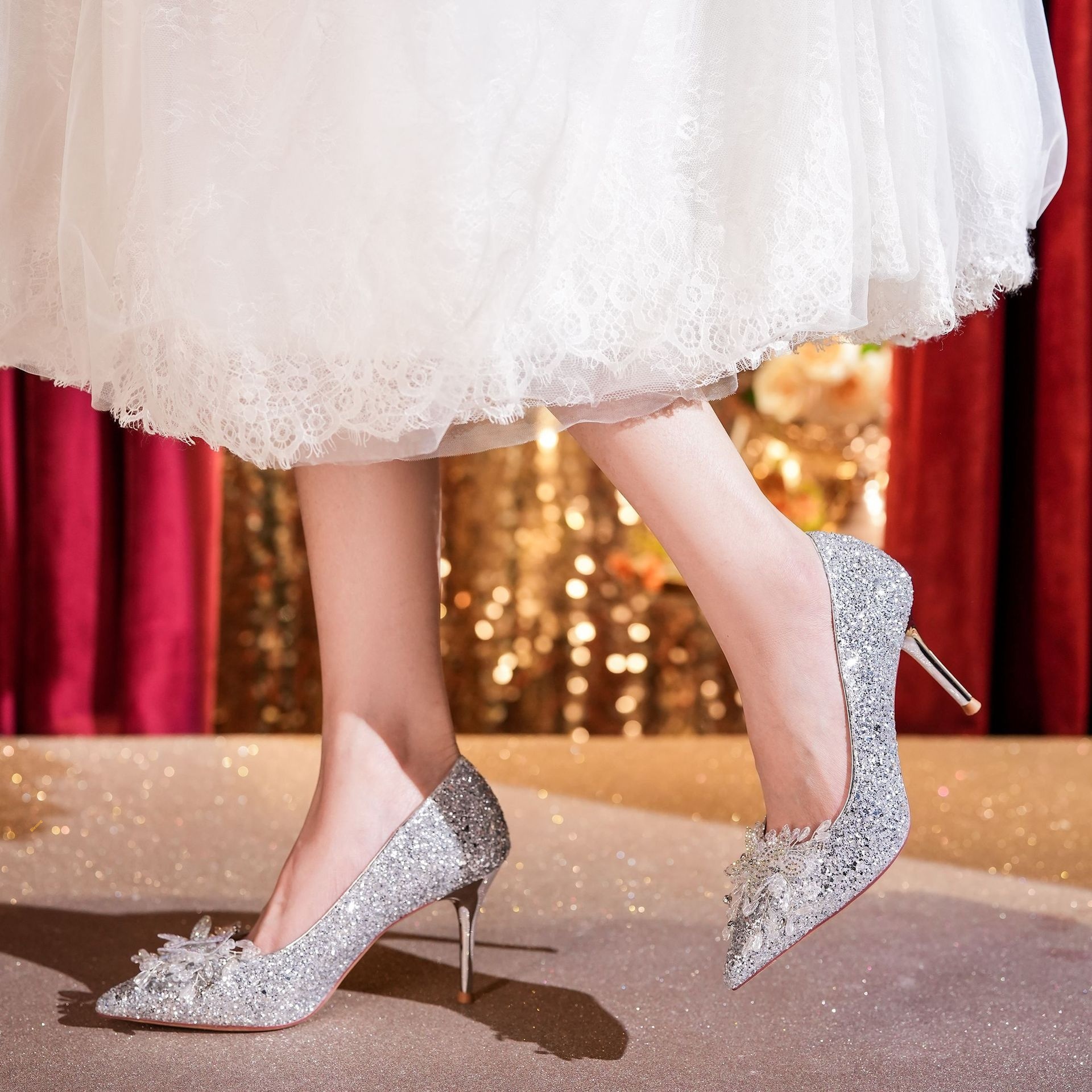 Dansschoenen 6681-23-122 Hoge hakken Dames Stiletto met lage instap Pailletten Glitter Strass Strikje Enkelschoenen Dames_voghion.com