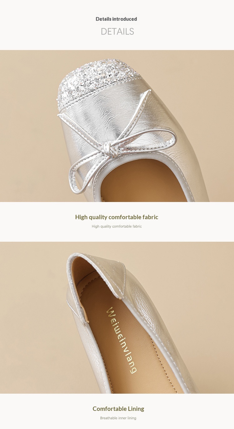 Sapatilhas de ballet para mulher prata estilo francês com laço_voghion.com