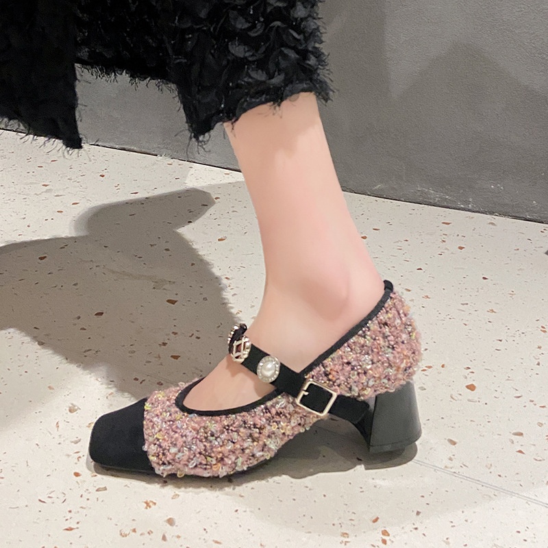 Dance Shoes In Stock Sequin Women's Pearl One-Strap Mary Jane Ballet Matching Dress Chunky Heel High Heels Single Shoes_voghion.com