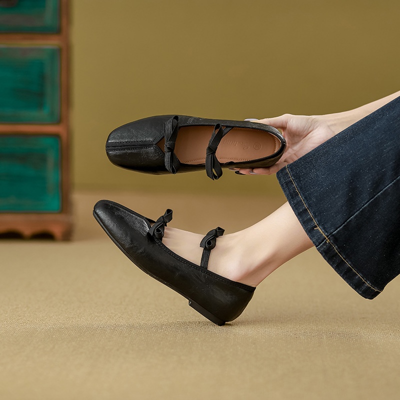 Dance Shoes French-style Square-toed Retro Bow Mary Jane Shoes For Women, 2025 Spring New Model, Low-cut Slip-on Ballet Flats_voghion.com