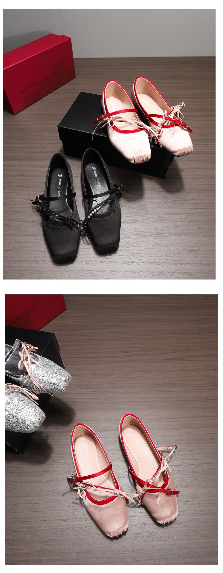 Retro satin dansballeriner med rosett och strass för kvinnor_voghion.com
