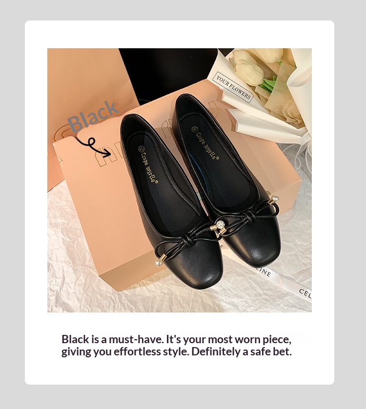 Classic Leather Ballet Dance Shoes With Pearl Bow And Square Toe_voghion.com