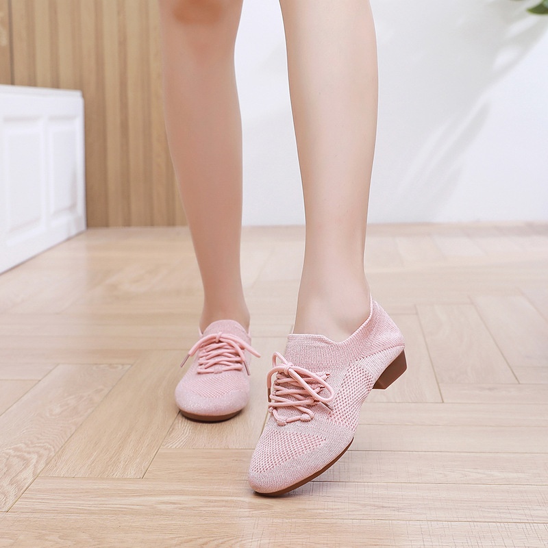 Dance Shoes Lace-up Fly-knit For Teachers, Latin Shoes With Rubber Soles, Outdoor Physical Training Jazz Dance Shoes, Flat Heel_voghion.com