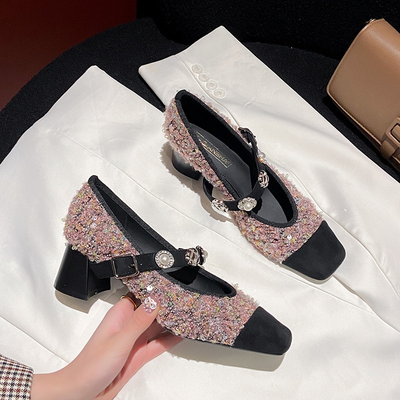Dance Shoes In Stock Sequin Women's Pearl One-Strap Mary Jane Ballet Matching Dress Chunky Heel High Heels Single Shoes_voghion.com