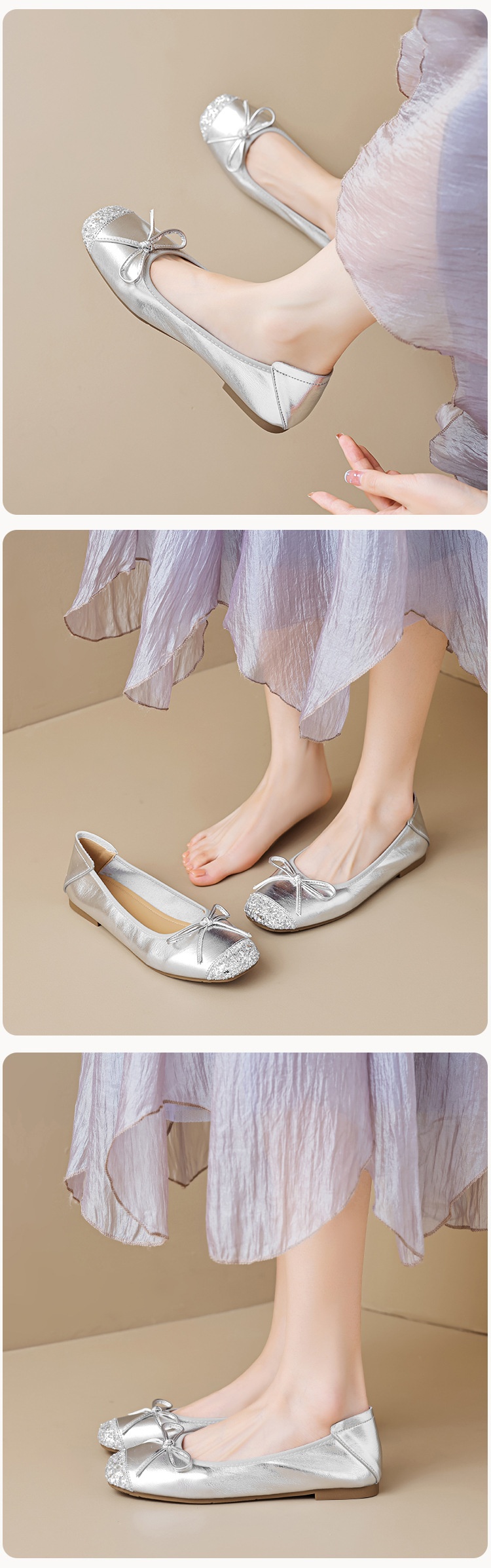 Sapatilhas de ballet para mulher prata estilo francês com laço_voghion.com