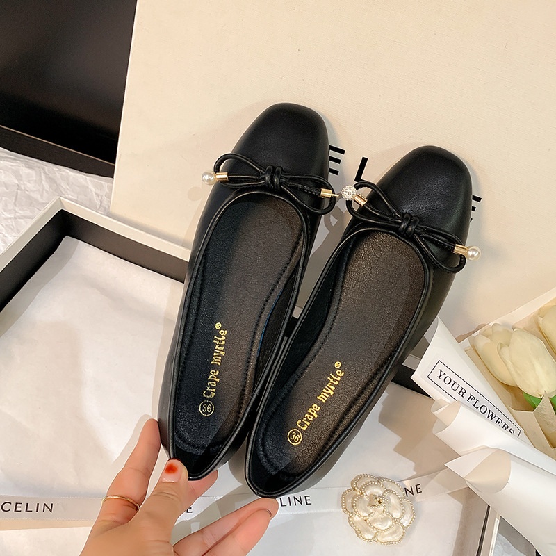 Dance Shoes Leather Version Of The Same Style, Frida Girl~Classic Square-toed, Bow-tied, Shallow-cut, Exquisite Pearl Ballet Leather_voghion.com