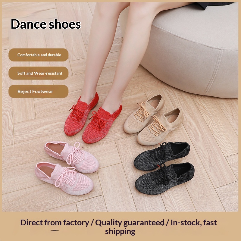 Chaussures de danse Flyknit à lacets pour professeurs, chaussures latines à semelles en caoutchouc, chaussures de danse jazz pour l'entraînement physique en extérieur, talon plat_voghion.com