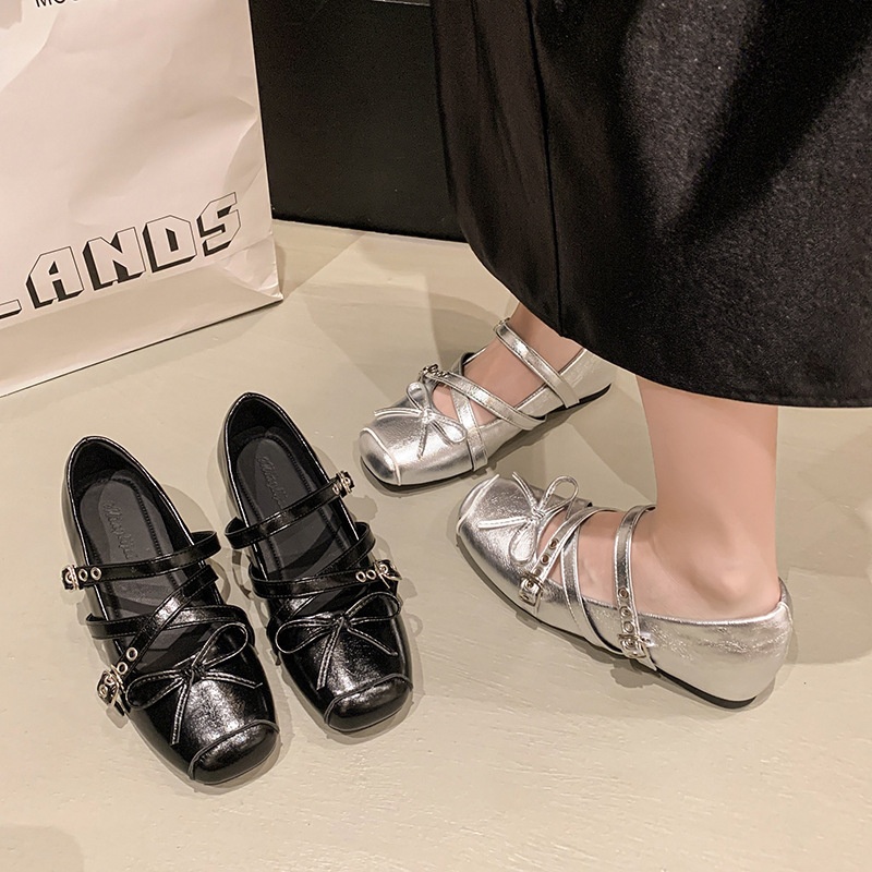 Dance Shoes French-style Mary Jane Casual Bowknot Women's 2025 Summer New Single Silver With Buckle And Internal Height Increase_voghion.com