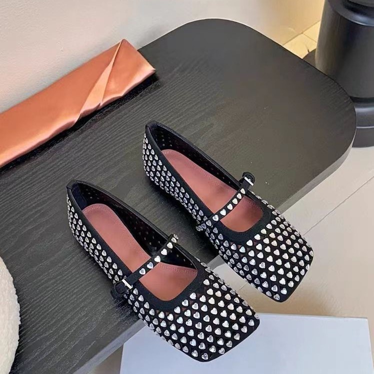 Dance Shoes 2025 New Square Toe Heart Full Diamond Mary Jane Women Genuine Leather Flat Strap Shallow Mouth Ballet Shoes_voghion.com